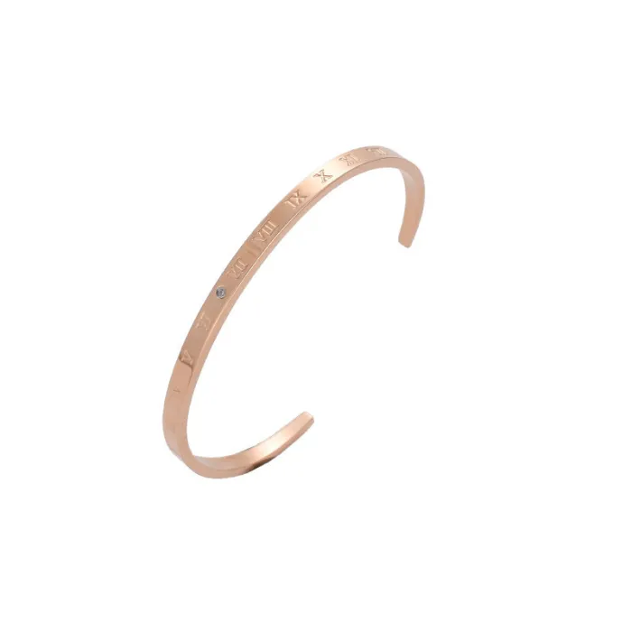 Minimalist C-Shaped Stainless Steel Bangle – Rose Gold Roman Numeral Open Bracelet | Ins Style Jewelry for Women | Wholesale