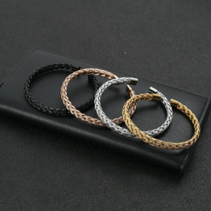 Stainless Steel C-Shaped Braided Bangle – Adjustable Flexible Wire Open Bracelet for Men | Industrial Style | Wholesale