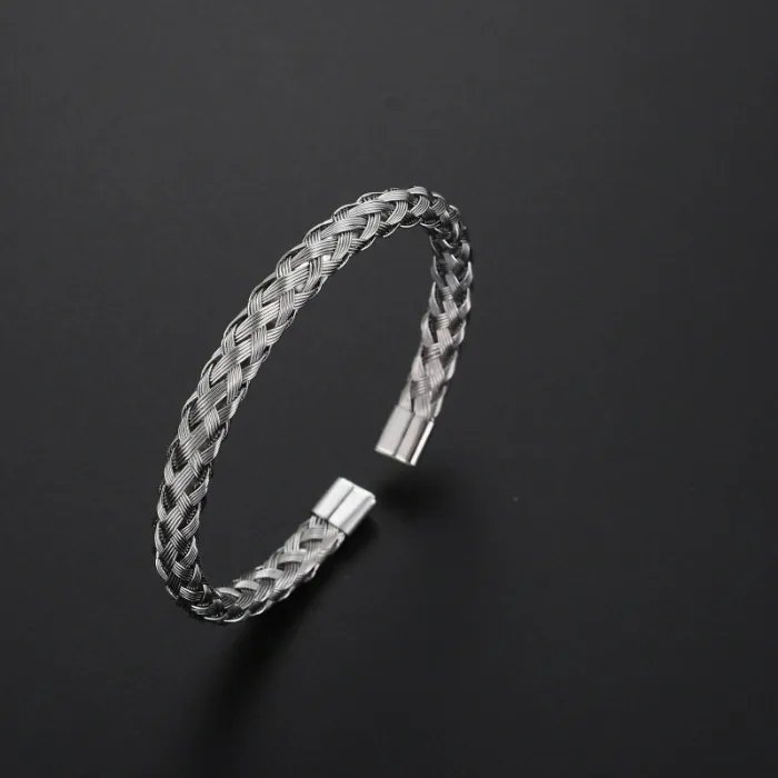 Stainless Steel C-Shaped Braided Bangle – Adjustable Flexible Wire Open Bracelet for Men | Industrial Style | Wholesale