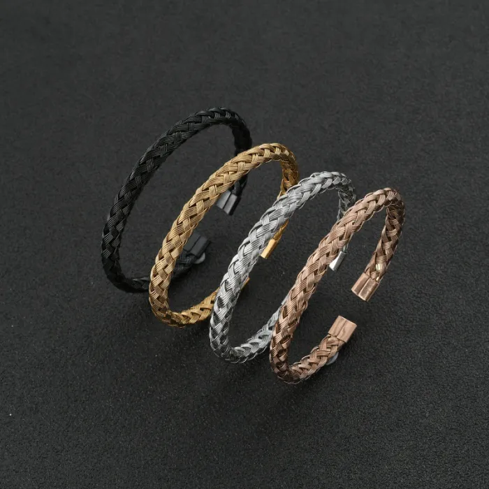 Stainless Steel C-Shaped Braided Bangle – Adjustable Flexible Wire Open Bracelet for Men | Industrial Style | Wholesale