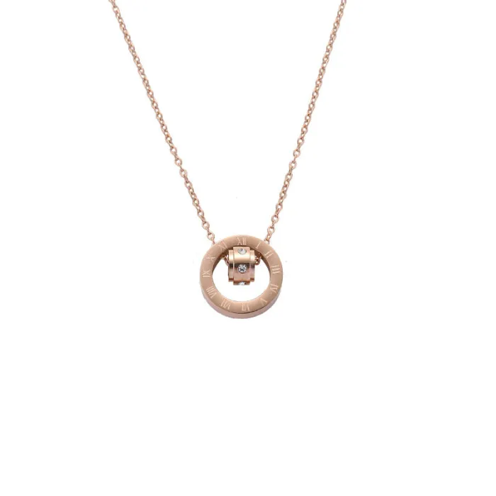 Roman Numeral Crystal Pendant Necklace for Women – Rose Gold Double Ring Design with Zircon Accents | Minimalist Jewelry | Wholesale