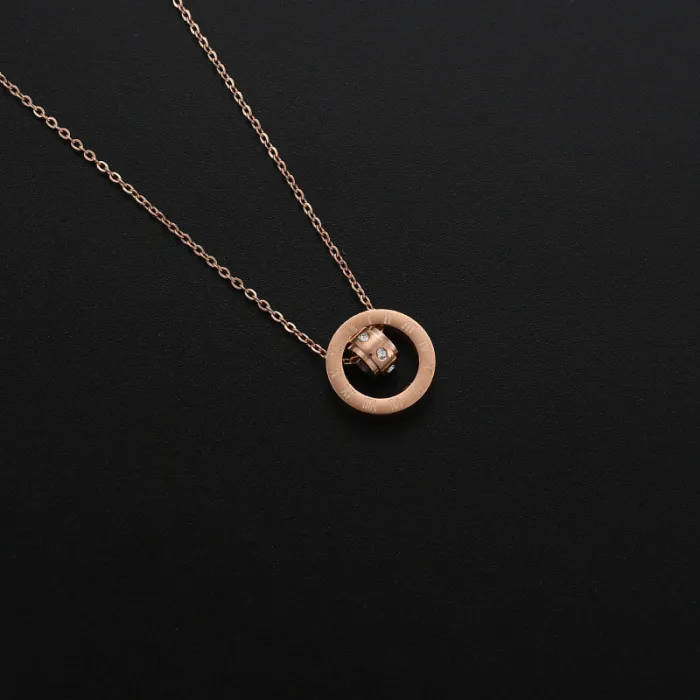 Roman Numeral Crystal Pendant Necklace for Women – Rose Gold Double Ring Design with Zircon Accents | Minimalist Jewelry | Wholesale