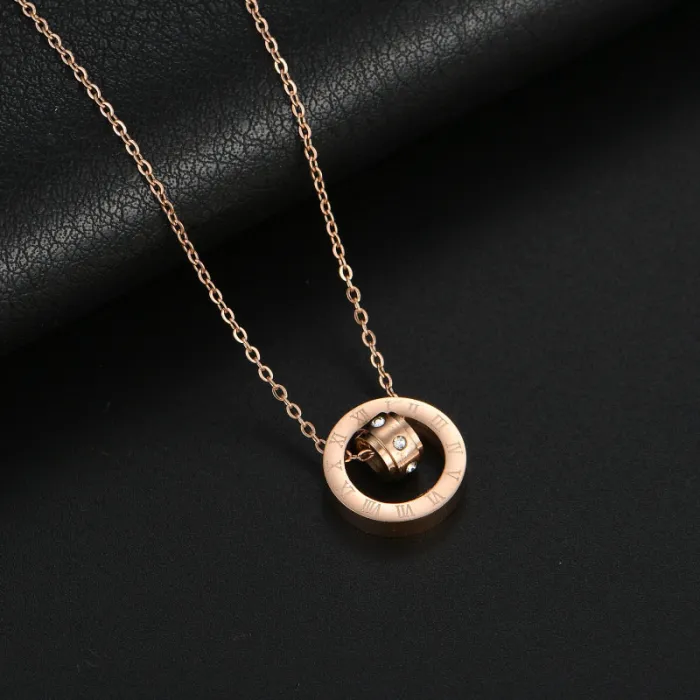 Roman Numeral Crystal Pendant Necklace for Women – Rose Gold Double Ring Design with Zircon Accents | Minimalist Jewelry | Wholesale