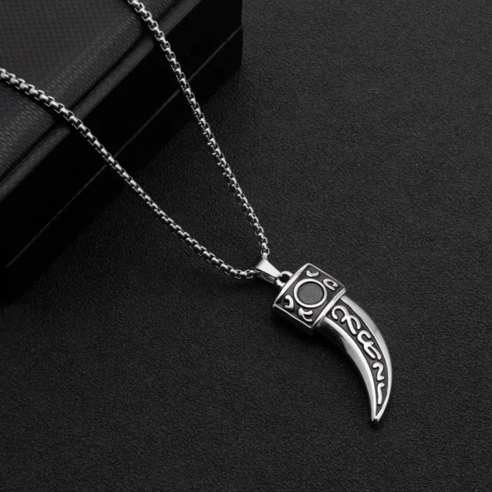Wolf Fang Pendant Necklace – Sanskrit Carved Titanium Steel Accessory for Men | Creative Street Style Jewelry | Wholesale