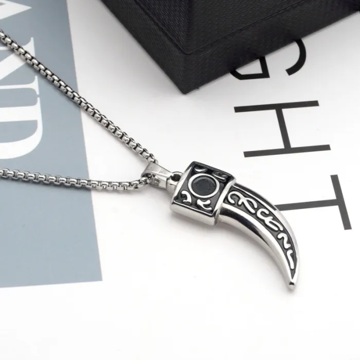 Wolf Fang Pendant Necklace – Sanskrit Carved Titanium Steel Accessory for Men | Creative Street Style Jewelry | Wholesale