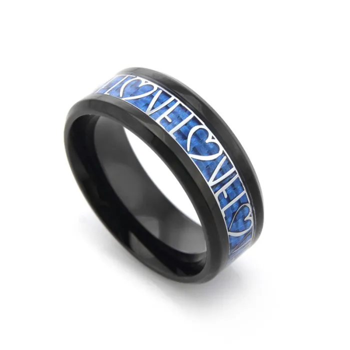 Couple Ring – Titanium Steel Love Heart Ring with Blue Carbon Fiber Inlay | Minimalist Romantic Jewelry | Trendy Accessories | Wholesale