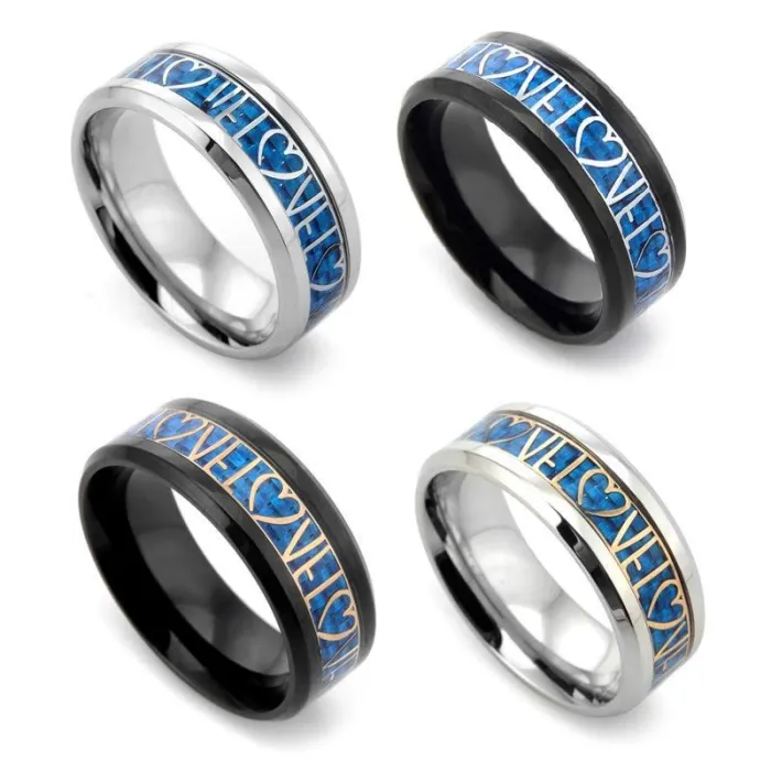 Couple Ring – Titanium Steel Love Heart Ring with Blue Carbon Fiber Inlay | Minimalist Romantic Jewelry | Trendy Accessories | Wholesale