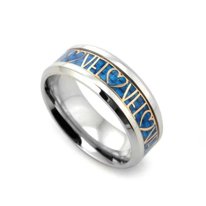 Couple Ring – Titanium Steel Love Heart Ring with Blue Carbon Fiber Inlay | Minimalist Romantic Jewelry | Trendy Accessories | Wholesale