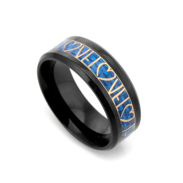 Couple Ring – Titanium Steel Love Heart Ring with Blue Carbon Fiber Inlay | Minimalist Romantic Jewelry | Trendy Accessories | Wholesale