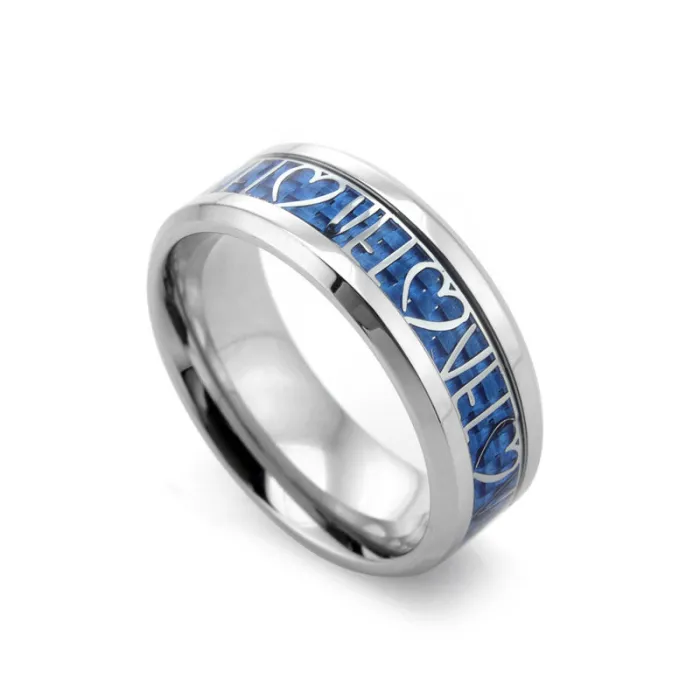 Couple Ring – Titanium Steel Love Heart Ring with Blue Carbon Fiber Inlay | Minimalist Romantic Jewelry | Trendy Accessories | Wholesale