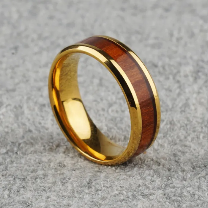 Men’s Wood Inlay Ring – Stainless Steel Band with Natural Grain Design | Rustic Style Finger Ring | Amazon Jewelry Wholesale