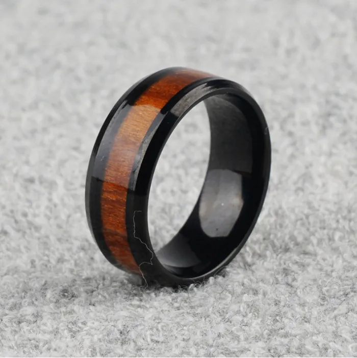 Men’s Wood Inlay Ring – Stainless Steel Band with Natural Grain Design | Rustic Style Finger Ring | Amazon Jewelry Wholesale