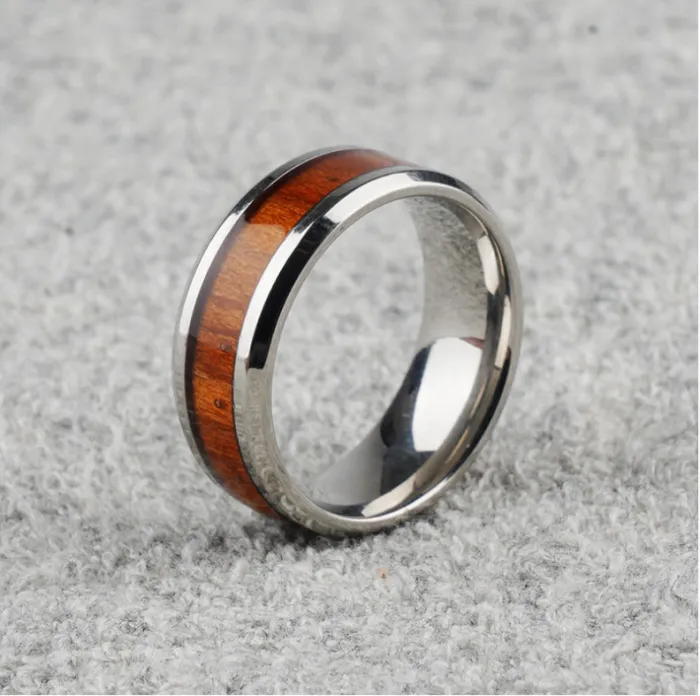 Men’s Wood Inlay Ring – Stainless Steel Band with Natural Grain Design | Rustic Style Finger Ring | Amazon Jewelry Wholesale