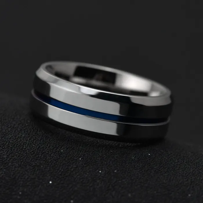 Polished Blue Groove Titanium Steel Ring – Bold Statement Ring for Men | Trendy European-American Style | Wholesale Jewelry
