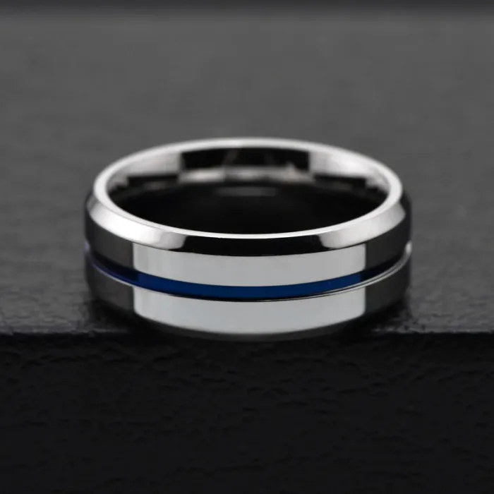 Polished Blue Groove Titanium Steel Ring – Bold Statement Ring for Men | Trendy European-American Style | Wholesale Jewelry