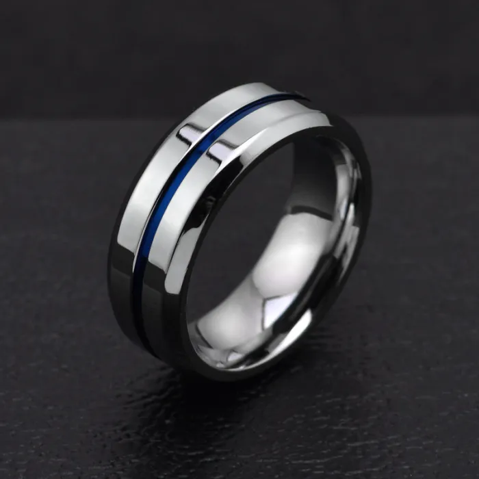 Polished Blue Groove Titanium Steel Ring – Bold Statement Ring for Men | Trendy European-American Style | Wholesale Jewelry