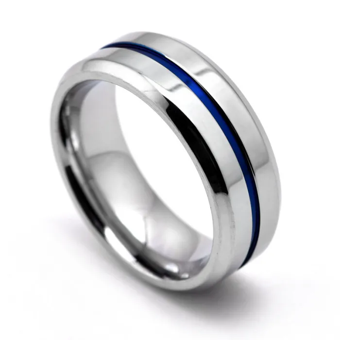 Polished Blue Groove Titanium Steel Ring – Bold Statement Ring for Men | Trendy European-American Style | Wholesale Jewelry