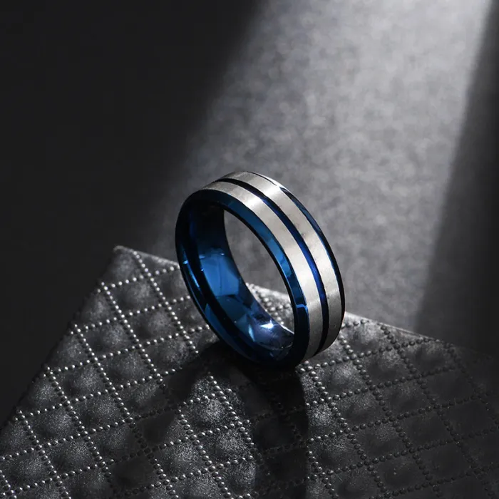 Matte Brushed Blue Accent Ring for Men – Titanium Steel Flat Surface with Inner Arc Design | Bold Style Finger Accessory | Wholesale