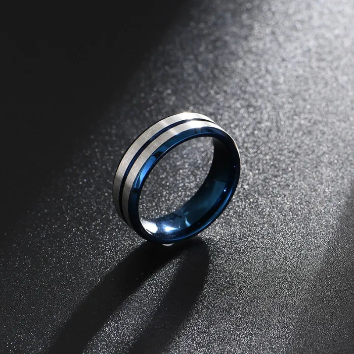Matte Brushed Blue Accent Ring for Men – Titanium Steel Flat Surface with Inner Arc Design | Bold Style Finger Accessory | Wholesale