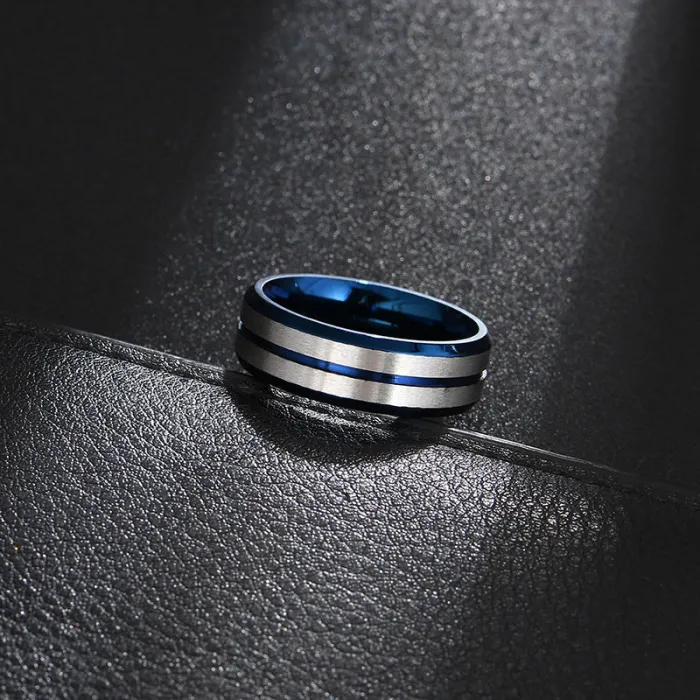 Matte Brushed Blue Accent Ring for Men – Titanium Steel Flat Surface with Inner Arc Design | Bold Style Finger Accessory | Wholesale