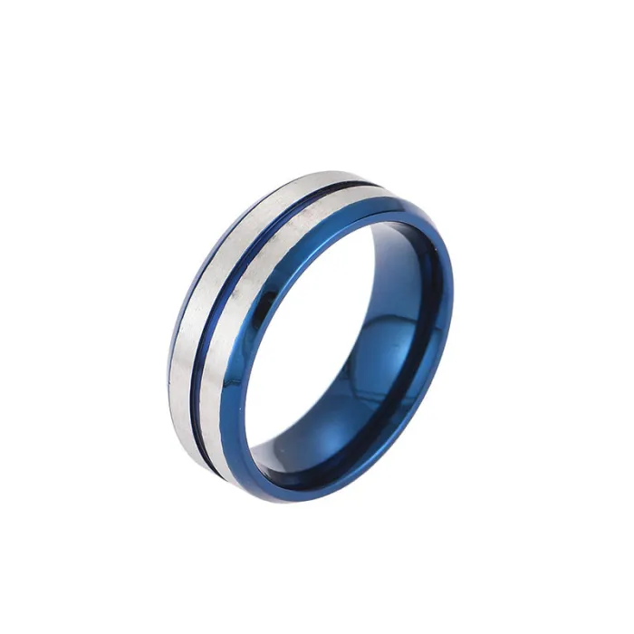 Matte Brushed Blue Accent Ring for Men – Titanium Steel Flat Surface with Inner Arc Design | Bold Style Finger Accessory | Wholesale
