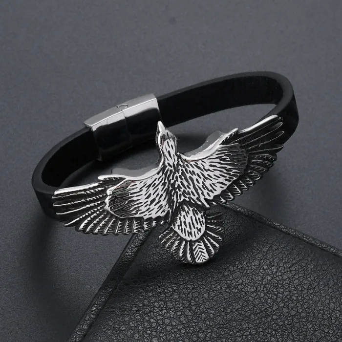 Best-Selling Men’s Leather Braided Bracelet – Vintage Style with Stainless Steel Magnetic Clasp & Bold Eagle Charm | Fashion Wristband | Wholesale
