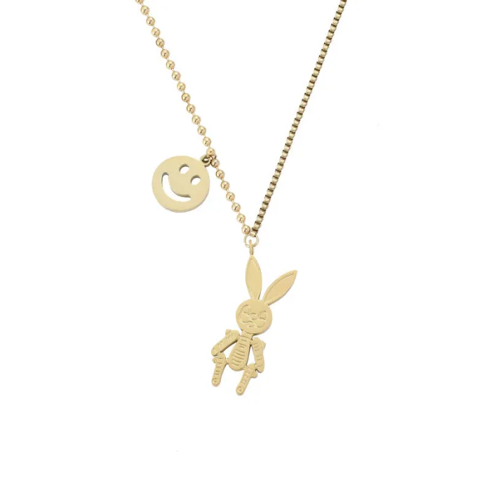 New Korean Style Smiley Bunny Pendant Necklace – Minimalist Stainless Steel Round Disc Choker for Women | Trendy Jewelry | Wholesale