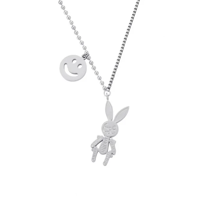 New Korean Style Smiley Bunny Pendant Necklace – Minimalist Stainless Steel Round Disc Choker for Women | Trendy Jewelry | Wholesale