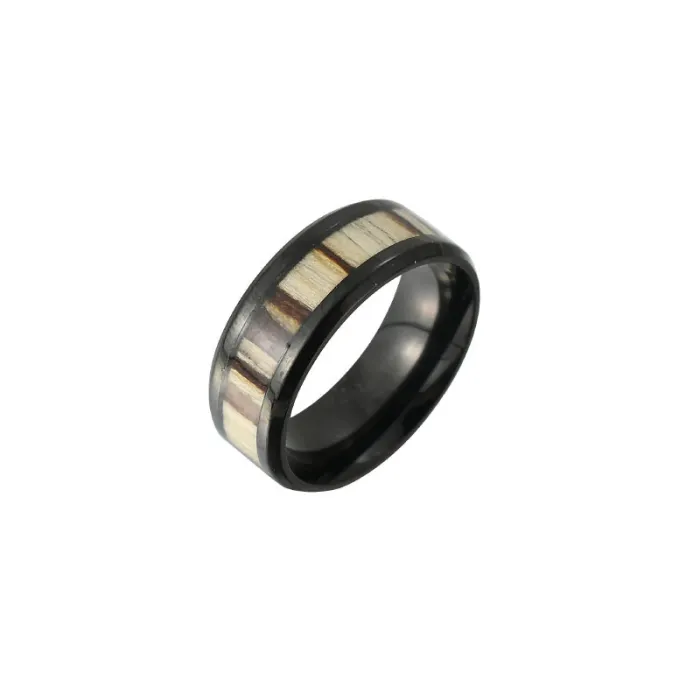 Trendy Wood Inlay Ring for Men – Bold Stainless Steel Statement Band | Modern INS Style | Wholesale Fashion Jewelry