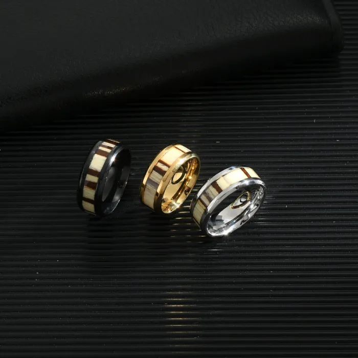 Trendy Wood Inlay Ring for Men – Bold Stainless Steel Statement Band | Modern INS Style | Wholesale Fashion Jewelry