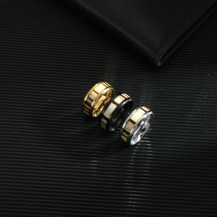 Trendy Wood Inlay Ring for Men – Bold Stainless Steel Statement Band | Modern INS Style | Wholesale Fashion Jewelry