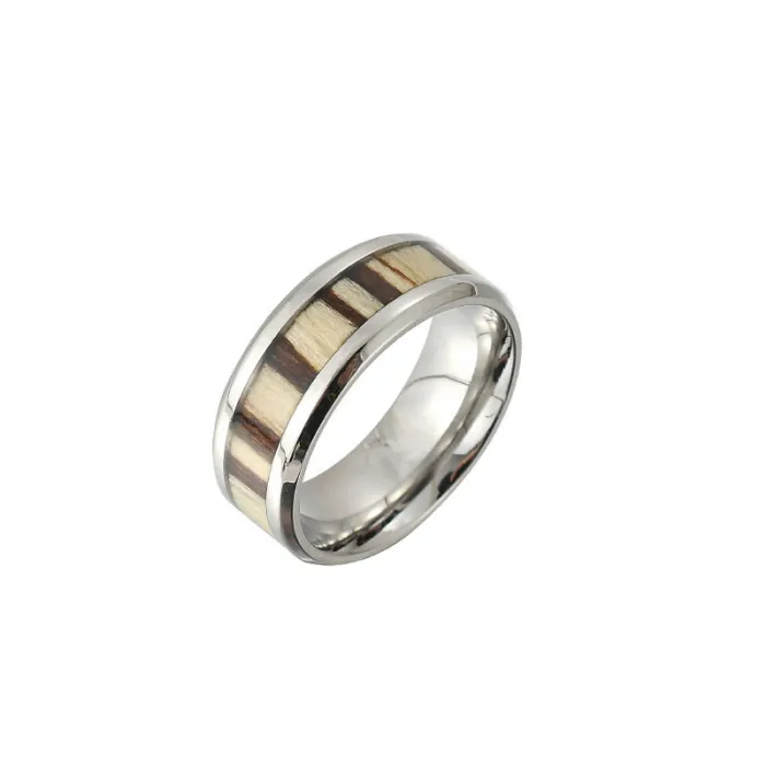 Trendy Wood Inlay Ring for Men – Bold Stainless Steel Statement Band | Modern INS Style | Wholesale Fashion Jewelry