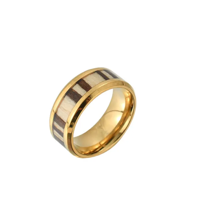 Trendy Wood Inlay Ring for Men – Bold Stainless Steel Statement Band | Modern INS Style | Wholesale Fashion Jewelry