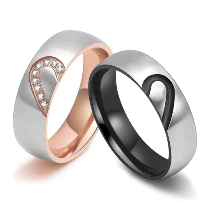 Couple Heart-Shaped Titanium Steel Ring – Brushed Finish with CZ Inlay | Romantic Gift for Him & Her | Valentine’s Day Ring | Wholesale
