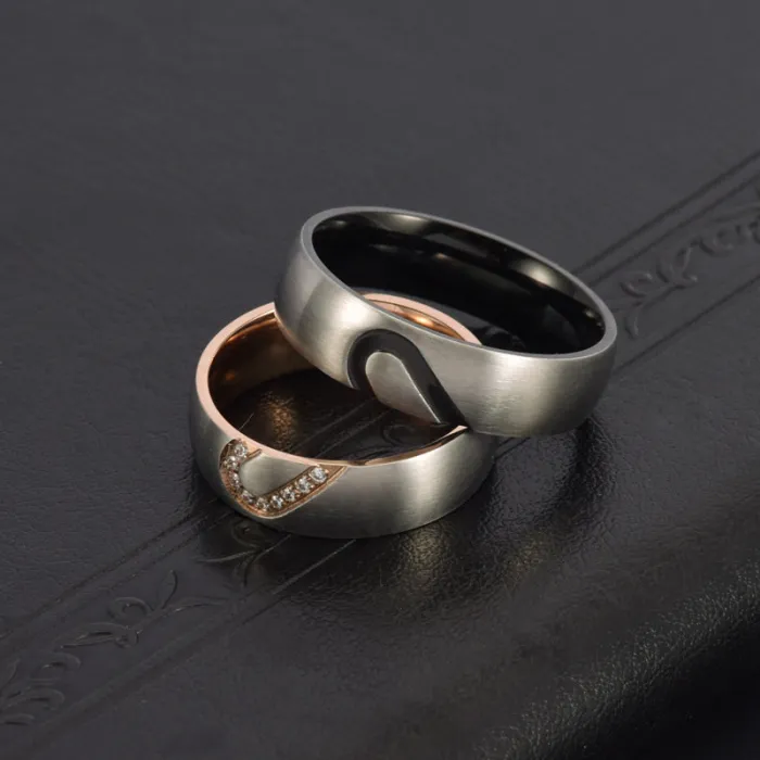 Couple Heart-Shaped Titanium Steel Ring – Brushed Finish with CZ Inlay | Romantic Gift for Him & Her | Valentine’s Day Ring | Wholesale
