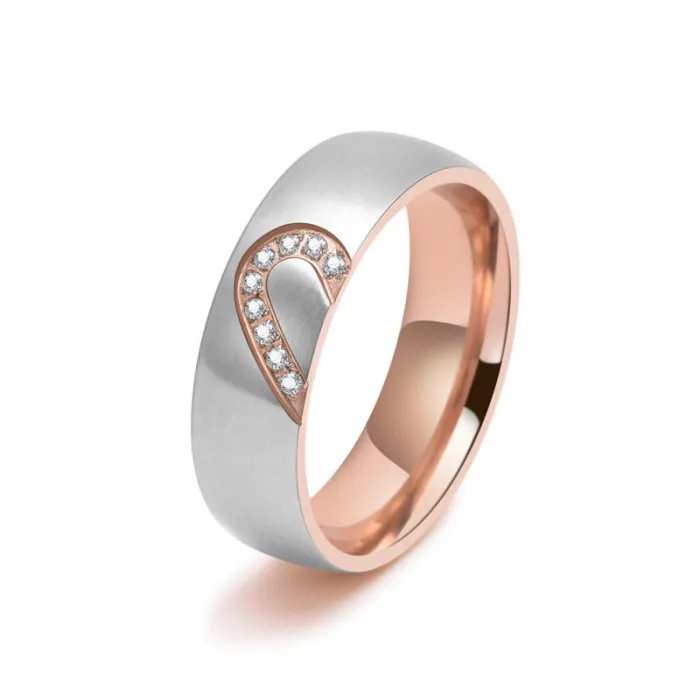 Couple Heart-Shaped Titanium Steel Ring – Brushed Finish with CZ Inlay | Romantic Gift for Him & Her | Valentine’s Day Ring | Wholesale