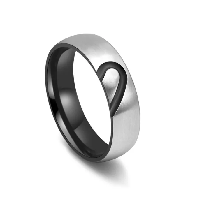 Couple Heart-Shaped Titanium Steel Ring – Brushed Finish with CZ Inlay | Romantic Gift for Him & Her | Valentine’s Day Ring | Wholesale