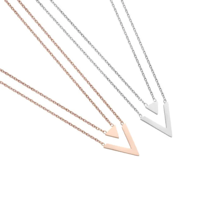 Minimalist V-Shaped Pendant Necklace – Stainless Steel Double-Layer Letter Charm for Women | Short Chain Collarbone Jewelry | Elegant Gift | Wholesale