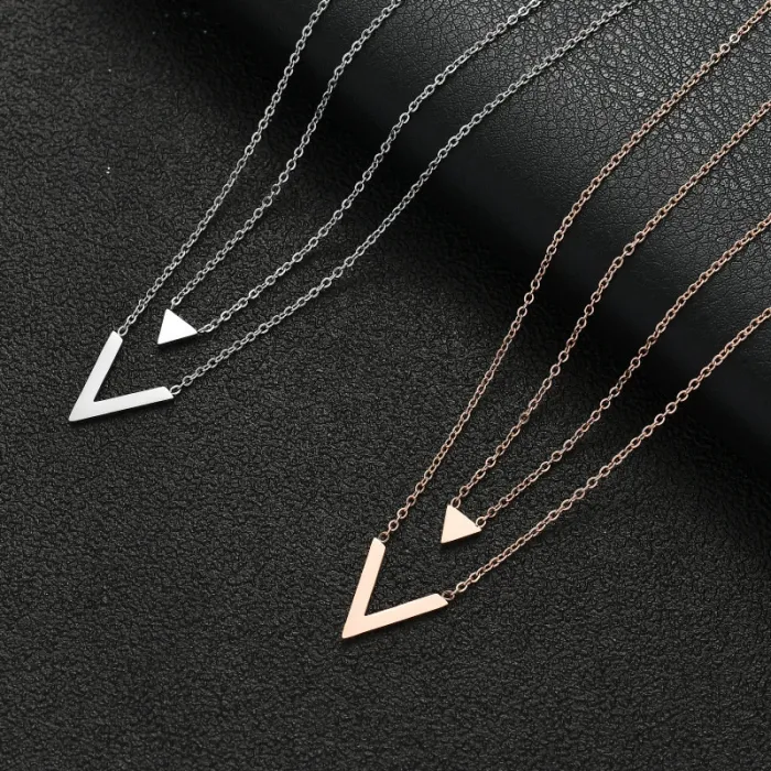 Minimalist V-Shaped Pendant Necklace – Stainless Steel Double-Layer Letter Charm for Women | Short Chain Collarbone Jewelry | Elegant Gift | Wholesale