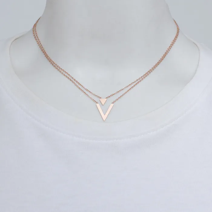 Minimalist V-Shaped Pendant Necklace – Stainless Steel Double-Layer Letter Charm for Women | Short Chain Collarbone Jewelry | Elegant Gift | Wholesale