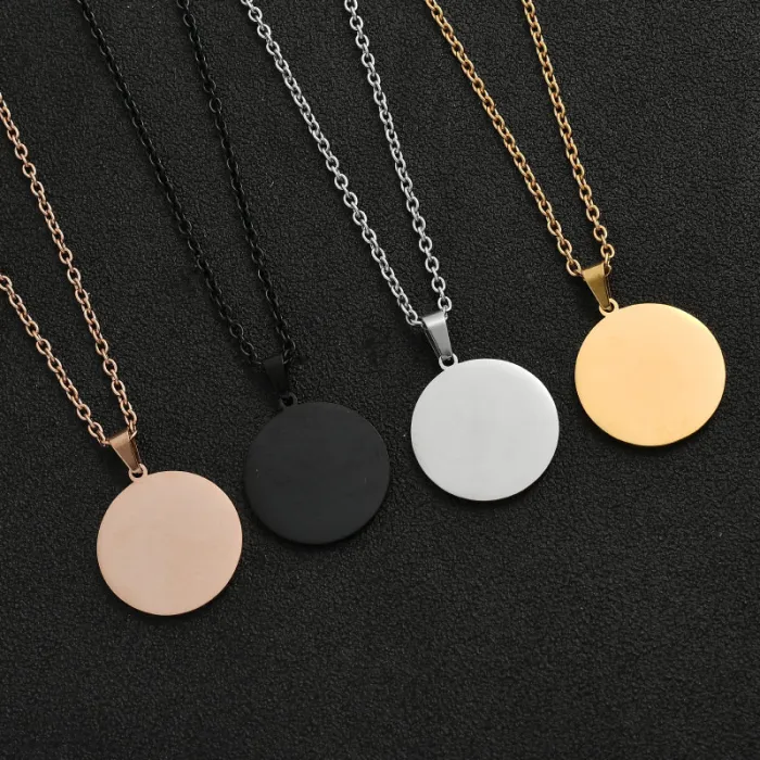 Trendy Polished Stainless Steel Round Pendant Necklace – INS Style Laser Engraved Tag for Men | Customizable Jewelry | Wholesale