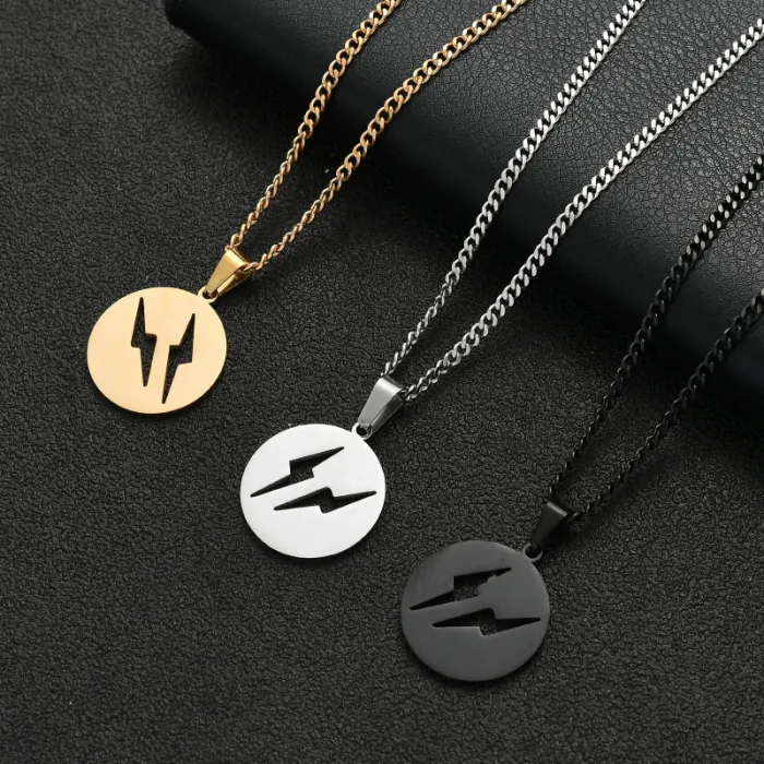 Men’s Trendy Hollow Lightning Pendant Necklace – Stainless Steel Round Hip-Hop Couple Jewelry | Street Style Accessory | Wholesale