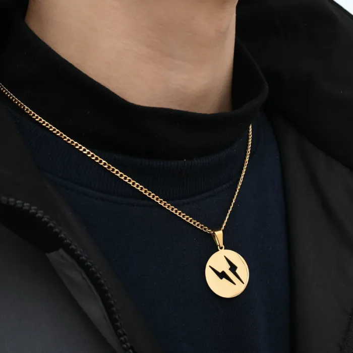 Men’s Trendy Hollow Lightning Pendant Necklace – Stainless Steel Round Hip-Hop Couple Jewelry | Street Style Accessory | Wholesale