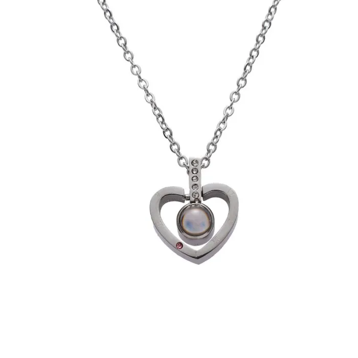 100 Languages "I Love You" Heart Pendant Necklace – Short Chain Romantic Jewelry for Women | Stainless Steel Love Projection Pendant | Wholesale