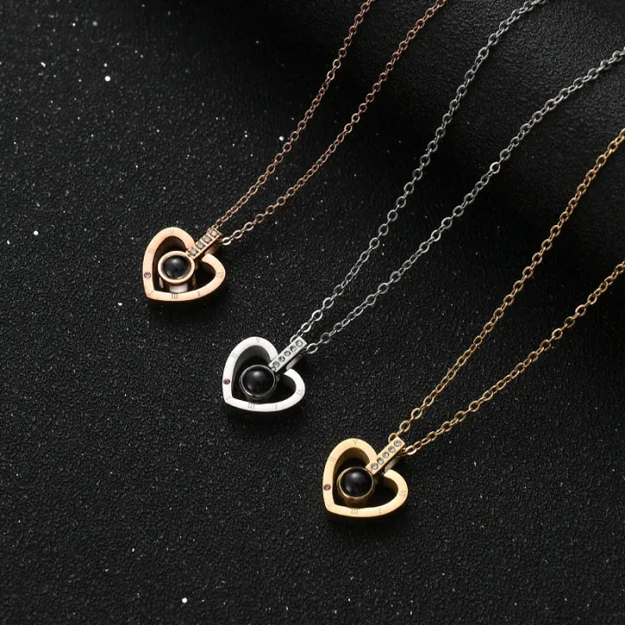 100 Languages "I Love You" Heart Pendant Necklace – Short Chain Romantic Jewelry for Women | Stainless Steel Love Projection Pendant | Wholesale