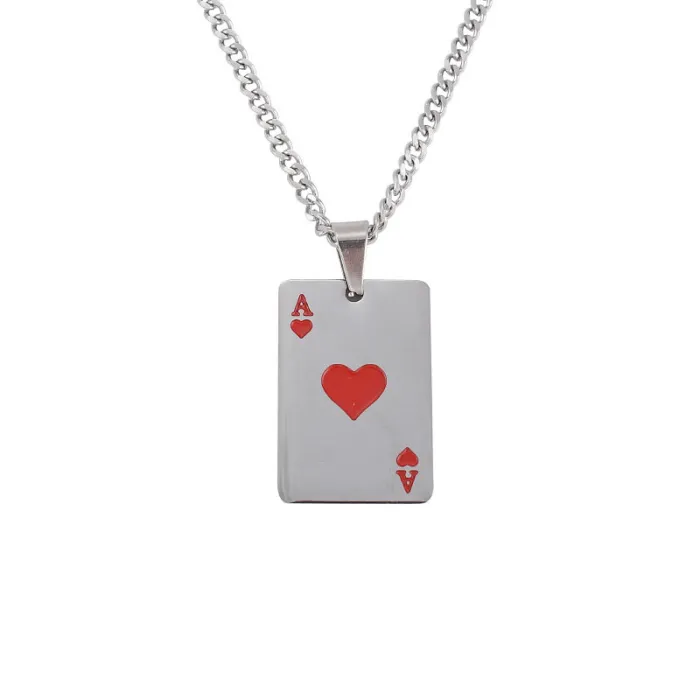 Ace Playing Card Pendant Necklace – Men's Trendy Stainless Steel Poker Jewelry | Black Spade & Red Heart Charm | Fashion Accessories | Wholesale