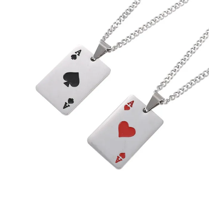 Ace Playing Card Pendant Necklace – Men's Trendy Stainless Steel Poker Jewelry | Black Spade & Red Heart Charm | Fashion Accessories | Wholesale