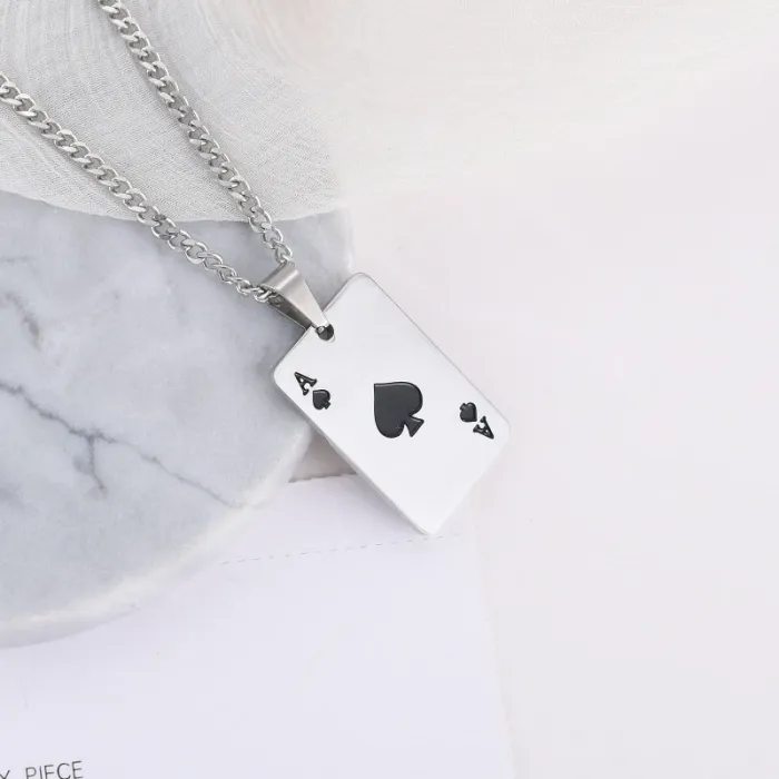 Ace Playing Card Pendant Necklace – Men's Trendy Stainless Steel Poker Jewelry | Black Spade & Red Heart Charm | Fashion Accessories | Wholesale
