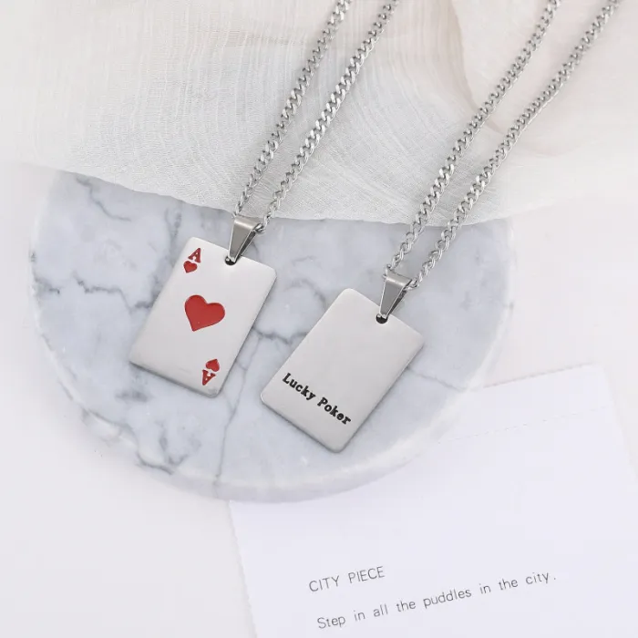 Ace Playing Card Pendant Necklace – Men's Trendy Stainless Steel Poker Jewelry | Black Spade & Red Heart Charm | Fashion Accessories | Wholesale