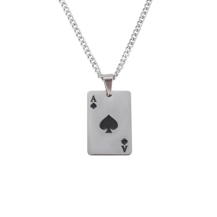 Ace Playing Card Pendant Necklace – Men's Trendy Stainless Steel Poker Jewelry | Black Spade & Red Heart Charm | Fashion Accessories | Wholesale